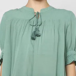 ONLY Women Green Solid Tie-Up Neck Regular Top image 3