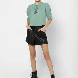 ONLY Women Green Solid Tie-Up Neck Regular Top image 2