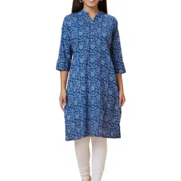 Globus Blue Cotton Floral Print Straight Kurta-image-30