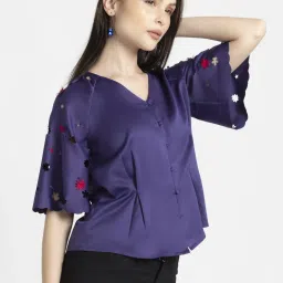 SHAYE Purple Cut Work Collarless Shirt image 4