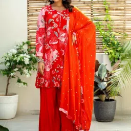 Kaftanize All Over Golden Thread Embroidery With Mirror Work Red & Pink Floral Kurta image 2
