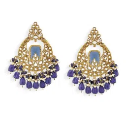 Zaveri Pearls Blue Stone Clustered Beads Drop Statement Kundan Chand Bali Earrings image 2
