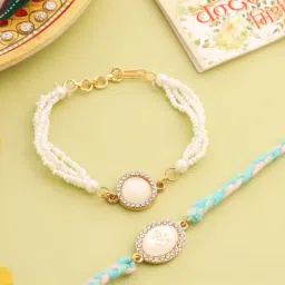 NVR White Pearls & Artificial Beads Bhaiya Bhabhi Rakhi with Roli Chawal Chandan & Mishri-image-70