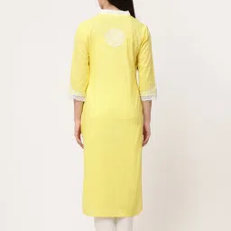 savi india Savi Yellow Cotton Straight Embroidered Kurta kurtis image 2