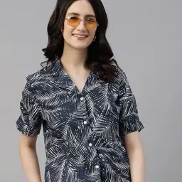 Hancock Navy Blue & White Tropical Printed Relaxed Fit Resort Shirt-image-66