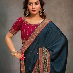 Saree Mall Blue Embroidered Sarees With Unstitched Blouse image 2