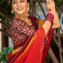 Saree Mall Red Embellished Sarees With Unstitched Blouse image 2