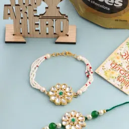 NVR Kundan Studded Floral Design Gold Toned Bhaiya Bhabhi Rakhi Combo-picture-20