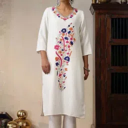 House of Chikankari White HOC Crafts Woollen Aari Embroidered Solid Women's 2 PC Long Kurta Set-picture-13