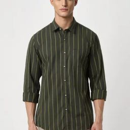 Peter England Olive Cotton Slim Fit Striped Shirt-picture-41