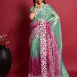 Odette Sea Green & Pink Embroidered Saree With Unstitched Blouse-image-6