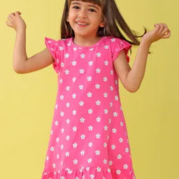 Babyhug Cotton Knit Frill Sleeves Nighty Floral Print - Pink-picture-28