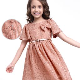 Hola Bonita Knit Half Sleeves Party Dress With Sequin Detailing Bow Applique & Belt - Gold-picture-10