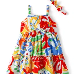 Babyhug Cotton Knit Sleeveless Frock with Headband & Floral Print - White-picture-17