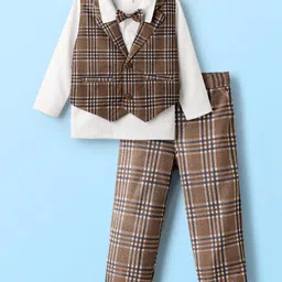 Babyhug Knit Full Sleeves Three Piece Party Suit Set with Checked Print & Bow Applique - Brown-picture-14