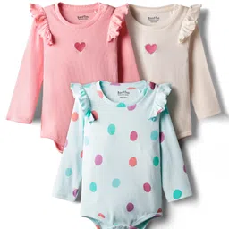Bonfino 100% Cotton Knit Rib Fabric Full Sleeves Onesies with Frill Detailing Heart Embroidery & Polka Dot Print Pack of 3 - Light Blue Light Pink & Ivory-picture-36