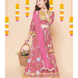 Bitiya By Bhama Cotton Blend Woven Three Fourth Sleeves Gota Lace Embellished & Floral Printed Lehenga & Choli With Dupatta Set - Pink-picture-26