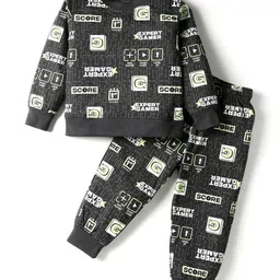 Smarty Boys Sinker Knit Full Sleeves T-Shirt & Lounge Pant Set With Text Print - Black-picture-24