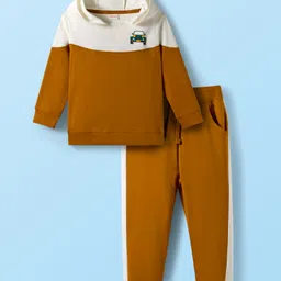 Babyhug Terry Knit Full Sleeves Hooded Color Block T-Shirt & Jogger Set with Car Print - Yellow & White-picture-23
