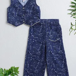 The Magic Wand Woven Sleeveless Floral Printed Top With Pocket Detailed Coordinating Palazzo Set - Navy Blue-picture-37