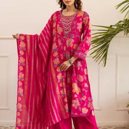 DIVASTRI Women Floral Printed Regular Mirror Work Kurta with Palazzos & Dupatta-image-30