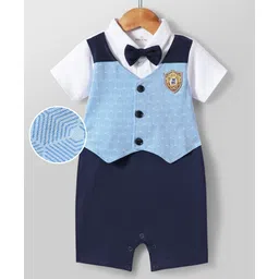 Mark & Mia Cotton Knit Half Sleeves Party Romper With Attached Printed Waistcoat & Bow - Multicolor image 2