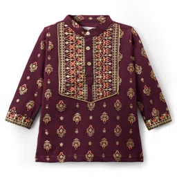 EARTHY TOUCH Single Jersey Knit Full Sleeves Kurta Dhoti Set With Foil Floral Print - Wine image 2