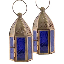Homesake Set Of 2 Blue Antique Brass Moroccan Lantern Candle Holder image 2