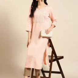 showoffff SHOWOFF Peach Cotton Embroidered Straight Kurta image 3