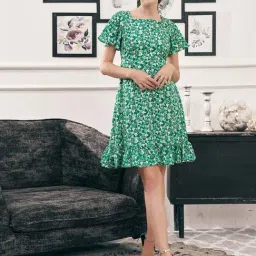 SELVIA Green & White Printed A-Line Dress-image-29