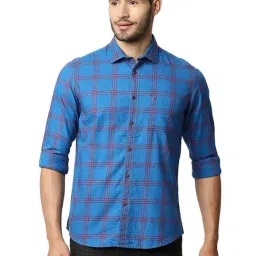 Basics Blue Cotton Slim Fit Checks Shirt-picture-14