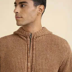 Andamen Khaki Cotton Regular Fit Self Pattern Hooded Sweatshirt image 4