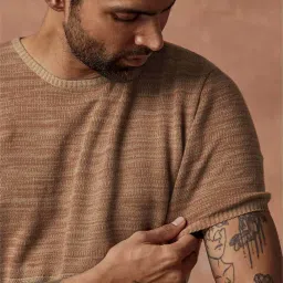 Andamen Khaki Cotton Regular Fit Self Pattern T-Shirt image 4