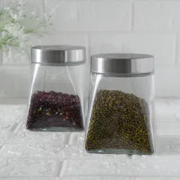 Femora Transparent Glass Square Kitchen Storage Jar With Airtight Steel Lid 800ml - Set of 4 image 2