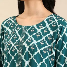 showoffff SHOWOFF Teal Blue Cotton Embroidered Straight Kurta image 5