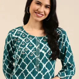 showoffff SHOWOFF Teal Blue Cotton Embroidered Straight Kurta image 4