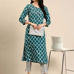 showoffff SHOWOFF Teal Blue Cotton Embroidered Straight Kurta image 1