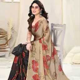 MIRCHI FASHION Beige & Red Floral Print Saree With Unstitched Blouse image 2
