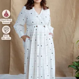The Indian Ethnic Co White A-Line Block Printed Cotton Dress with V Neck & Full Sleeves image 4