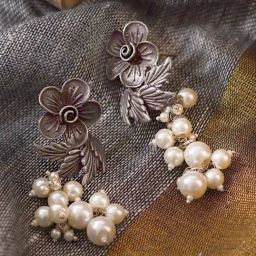 Teejh Ethnic Kriva Floral Silver Oxidized Pearl Dangler Earrings-picture-39
