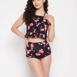 Clovia Black Floral Print Padded Tankini With High Waist Swim Bottoms-picture-15
