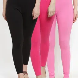 Gracit Black & Pink Mid Rise Leggings - Pack Of 3-image-90