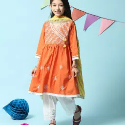 BIBA Girls Orange & White Embroidered Kurta with Sharara image 4