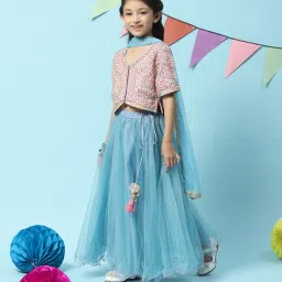 BIBA Girls Pink & Blue Embellished Top, Lehenga with Dupatta image 4