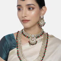Peora Gold-Plated Kundan Beads Bridal Choker Long Necklace Earrings Maangtikka Wedding Jewellery Set image 2