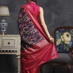 Saree Mall Navy & Pink Silk Printed Saree With Unstitched Blouse image 2
