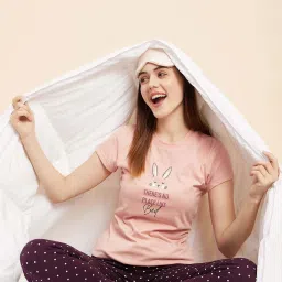 Sweet Dreams Pink & Maroon Cotton Printed T-Shirt Pyjama Set image 4