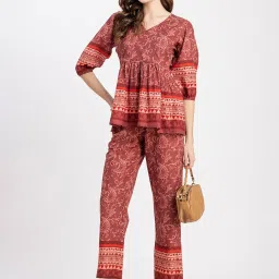 Moomaya Rust Cotton Floral Print Top With Pants image 4