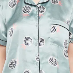 Clovia Sage Green Satin Printed Shirt With Pyjamas image 4