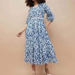 Colour Me By Melange Blue Cotton Regular Fit Printed Dress-image-39